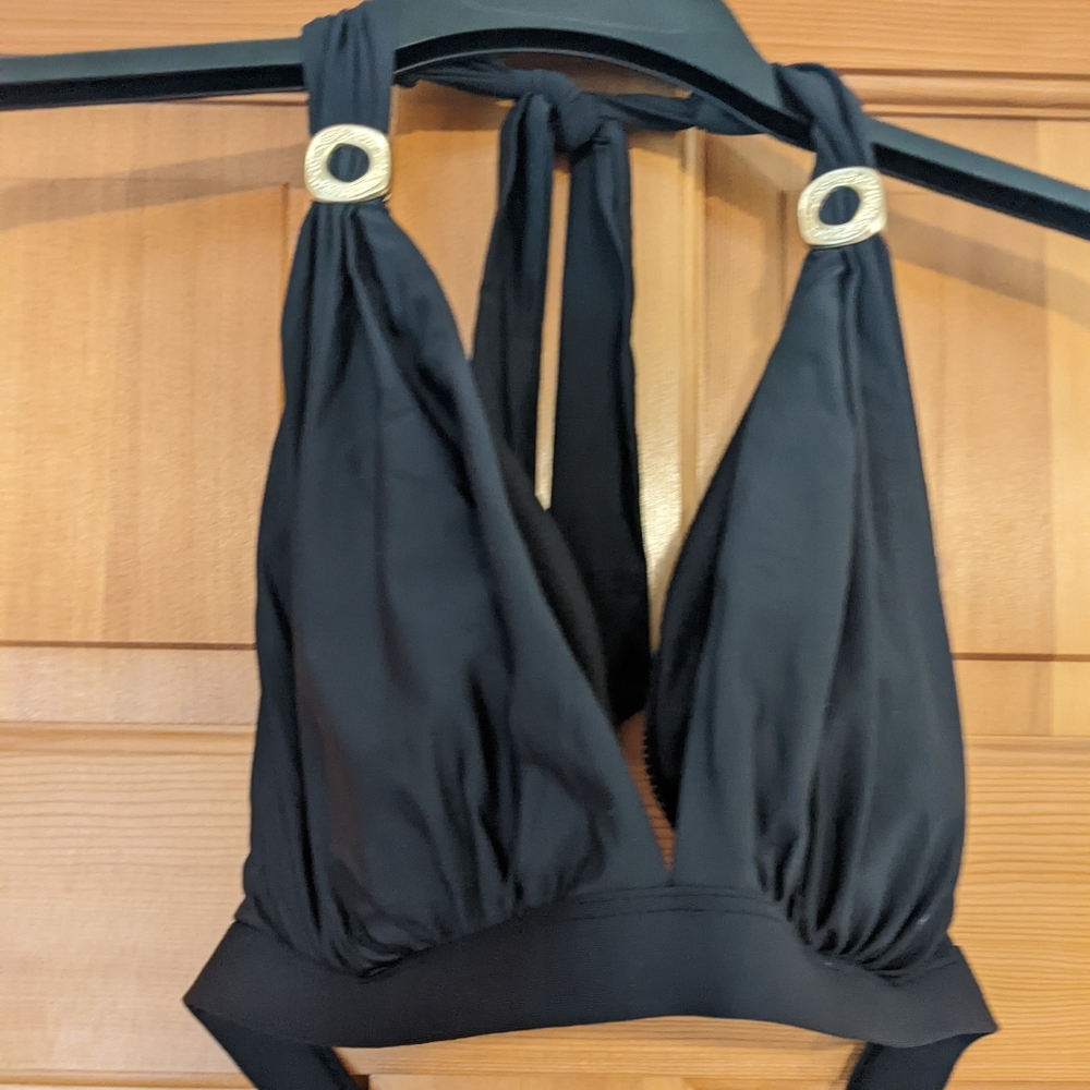 Black bikini halter top with gold adjustable detail on strap size 12